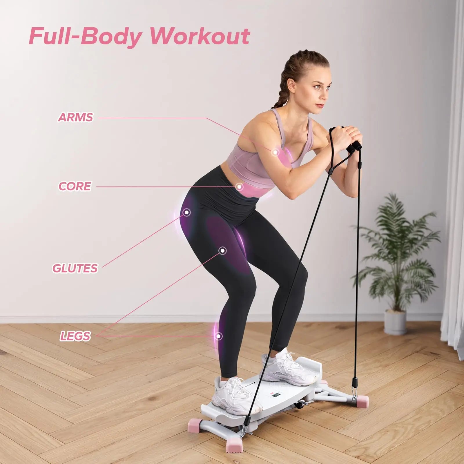 Woman exercising on MERACH Ski Machine demonstrating full-body workout targeting arms, core, glutes, and legs in a home setting