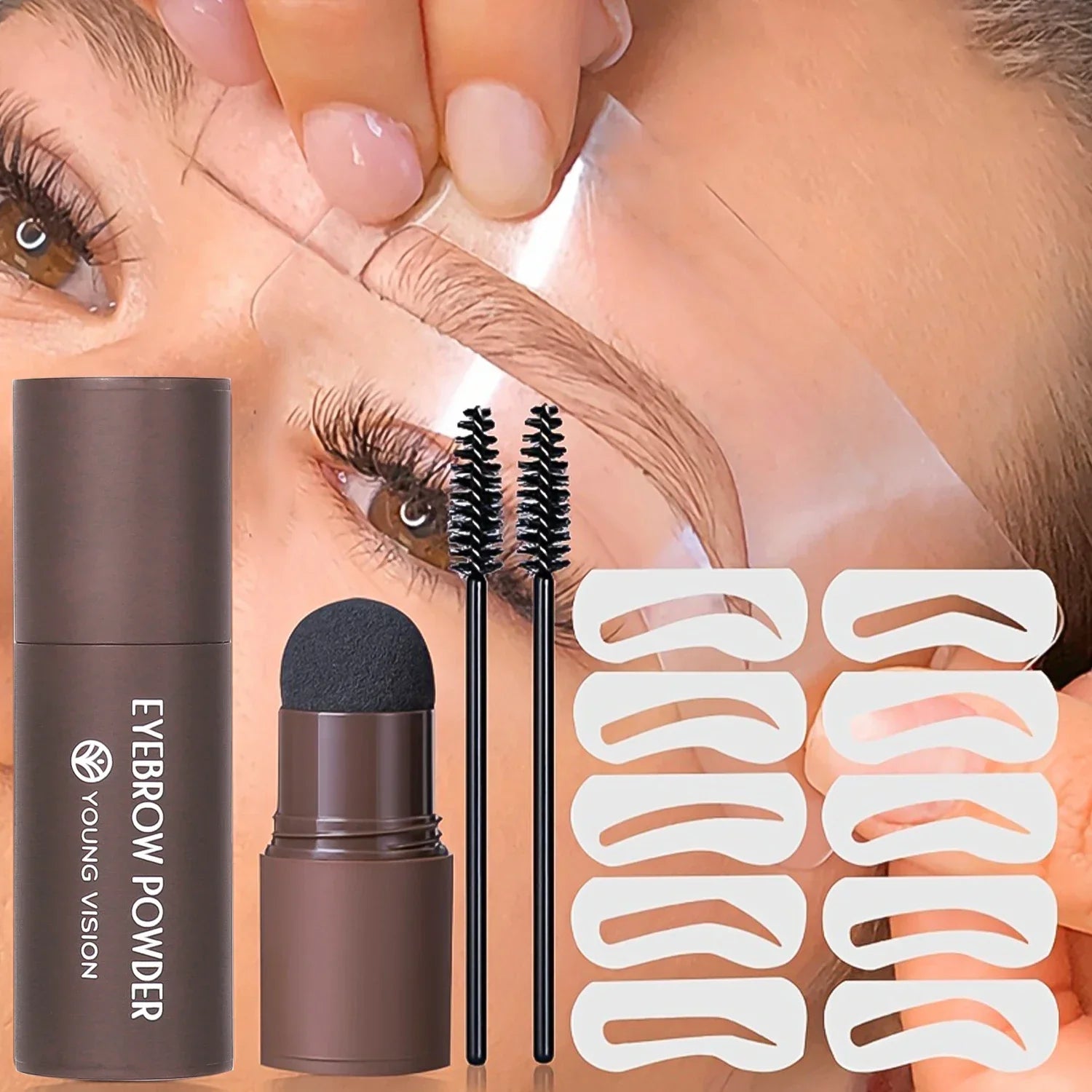 Eyebrow Stamp Stencil Kit with reusable stencils, dual brow brushes, and waterproof eyebrow powder for perfect shaped brows