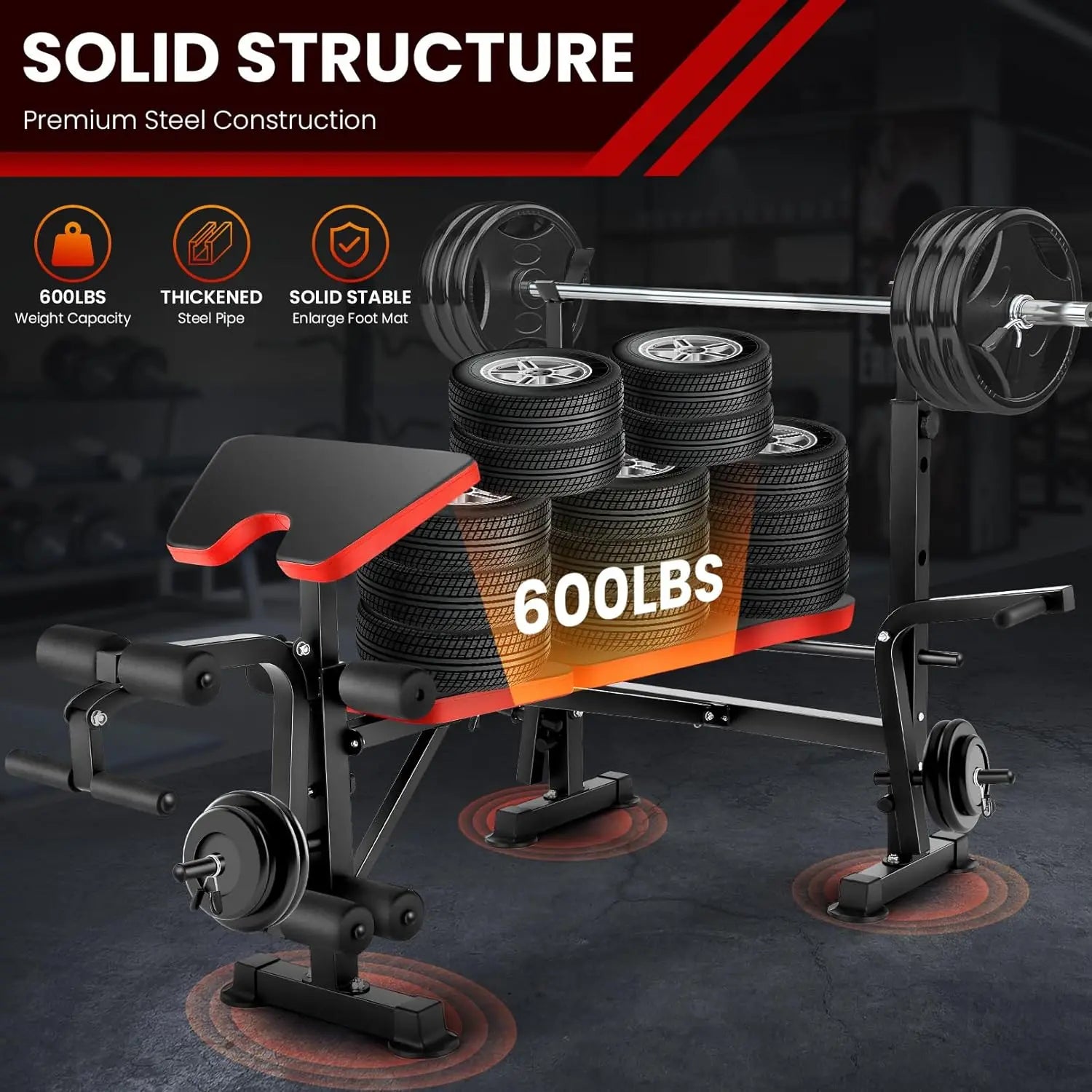6 in 1 660lbs Adjustable Weight Bench Set with Squat Rack & Barbell