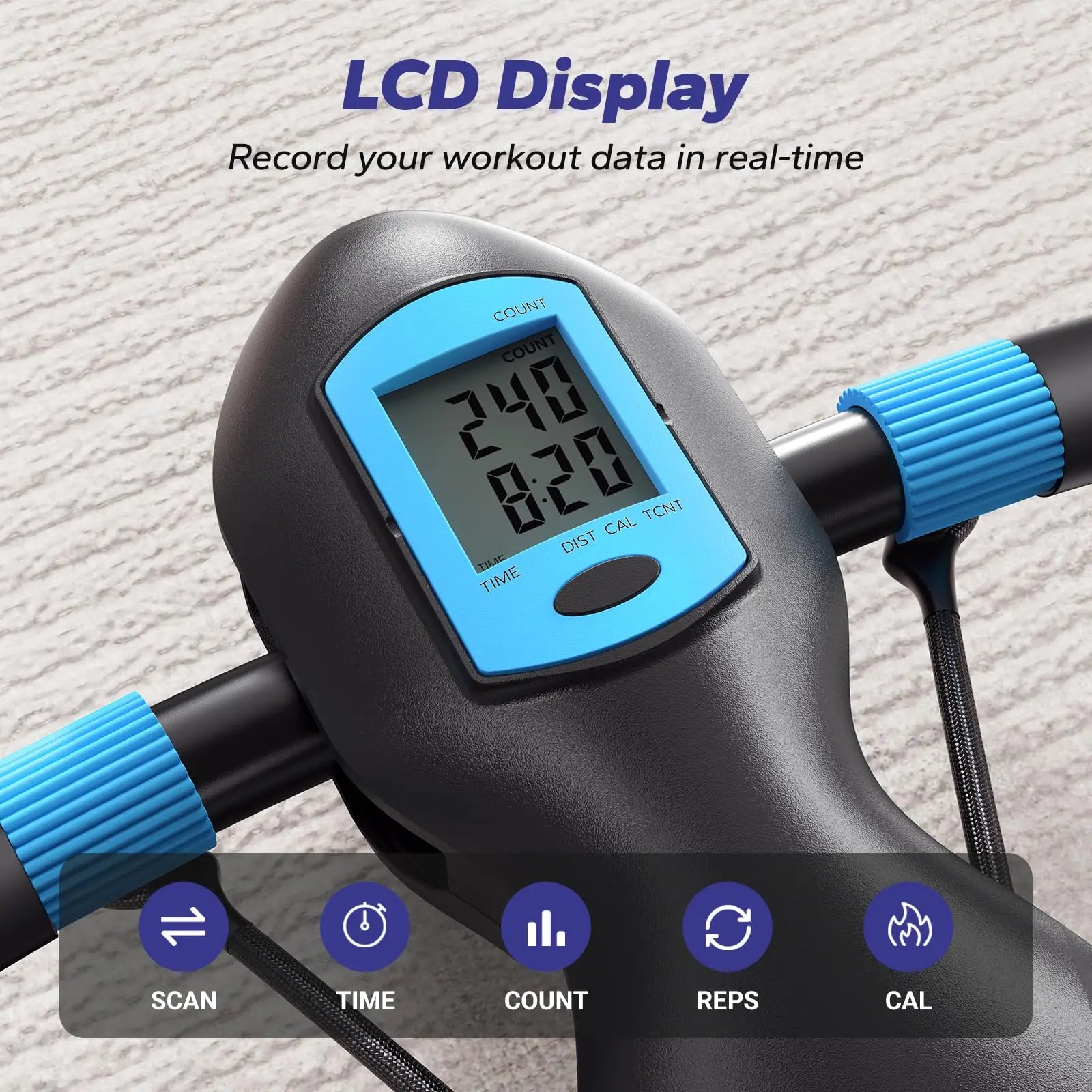 MERACH Core & Ab Training Dragonfly Machine LCD display showing workout stats with blue handles and resistance cords