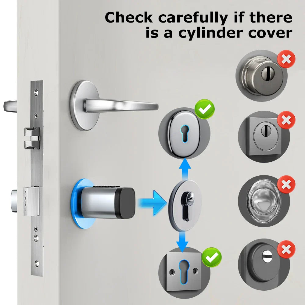 AYKUBE V1 Smart Cylinder Lock installation guide for cylinder cover compatibility with keyless entry options
