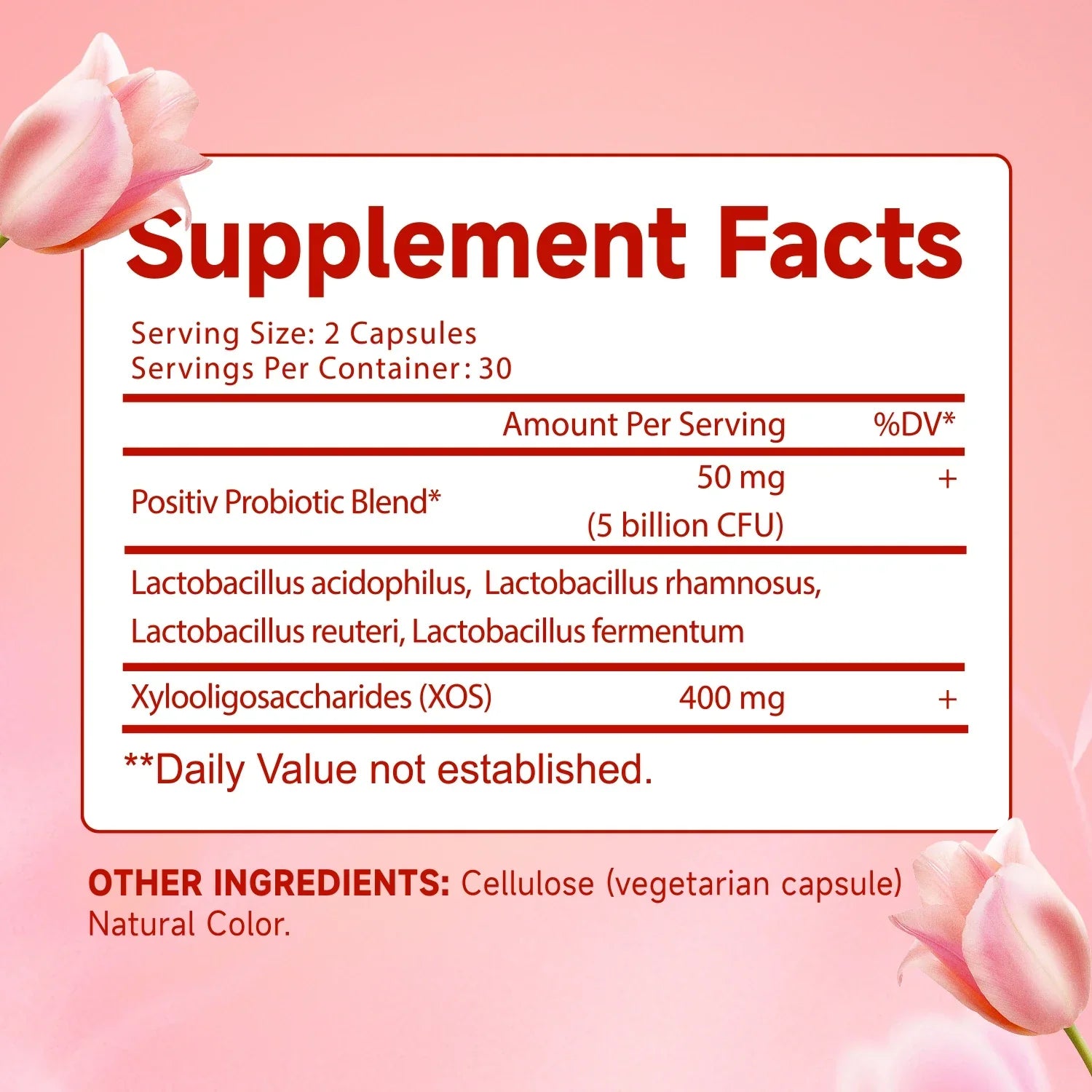 Supplement facts of Quit Mood Probiotics for Women with probiotic blend and ingredients details on pink background with flowers