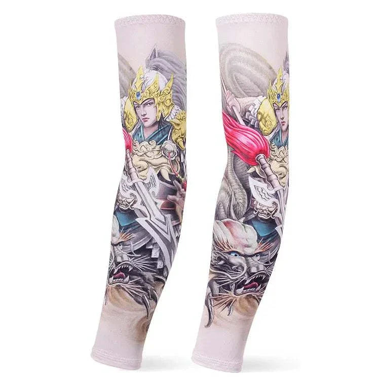 Pair of outdoor arm sleeves with colorful warrior and dragon tattoo cover design, made of lightweight, breathable fabric providing UV protection and compression for sports and outdoor activities.