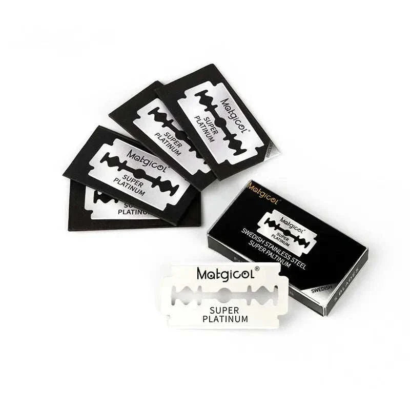 Razor blades for double edge razor made of premium stainless steel, super platinum coated, individually wrapped for hygienic and precise shaving.