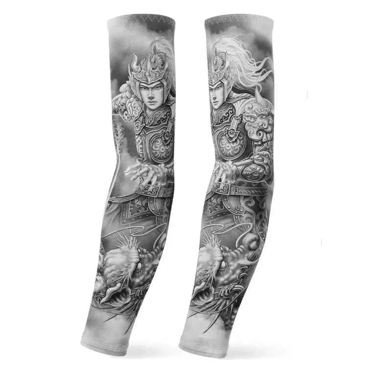 Pair of detailed black and gray outdoor arm sleeves featuring warrior and dragon tattoo cover designs for UV protection and compression.