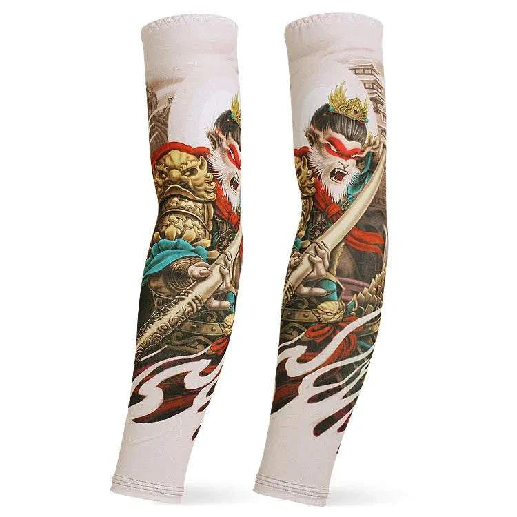 Pair of outdoor arm sleeves with colorful warrior and flame tattoo design, providing UV protection, compression, and breathable comfort for sports and daily wear.