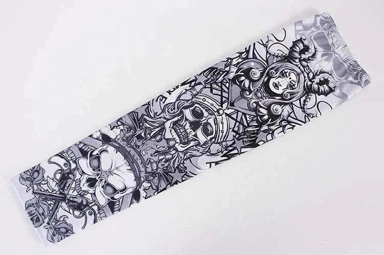 Black and white tattoo cover outdoor arm sleeve with skull and fantasy design, lightweight and breathable protective sports arm protector.