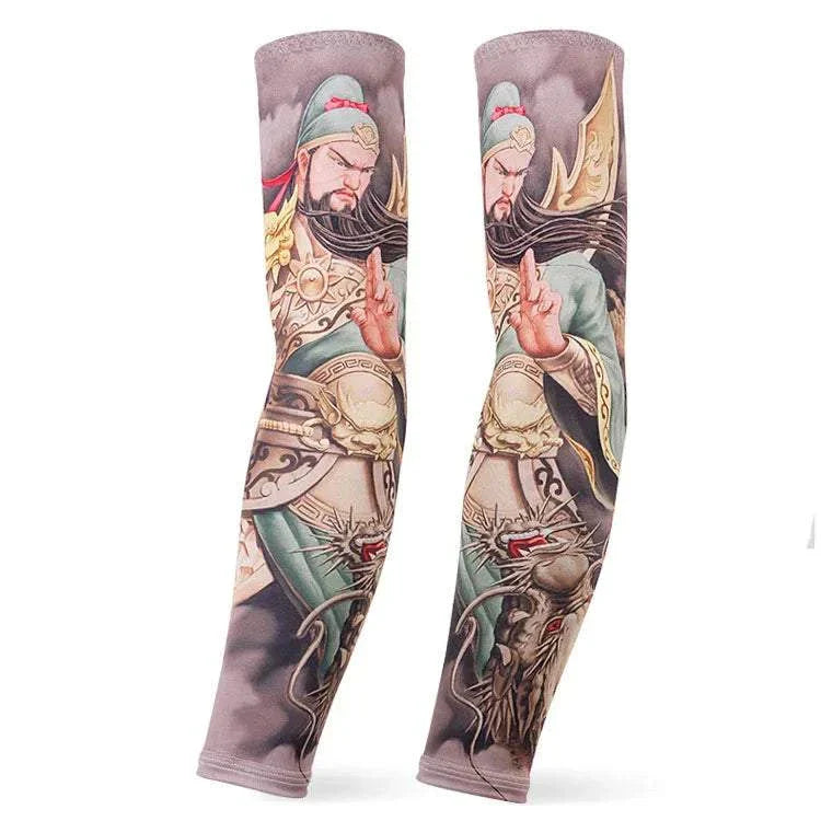 Pair of outdoor arm sleeves with tattoo-style warrior and dragon design, providing UV protection, compression, and breathable comfort for sports and daily wear