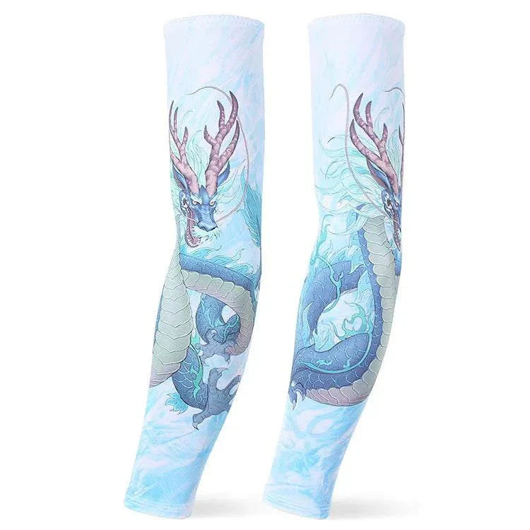 Lightweight breathable outdoor arm sleeves with blue dragon tattoo design for UV protection and muscle support