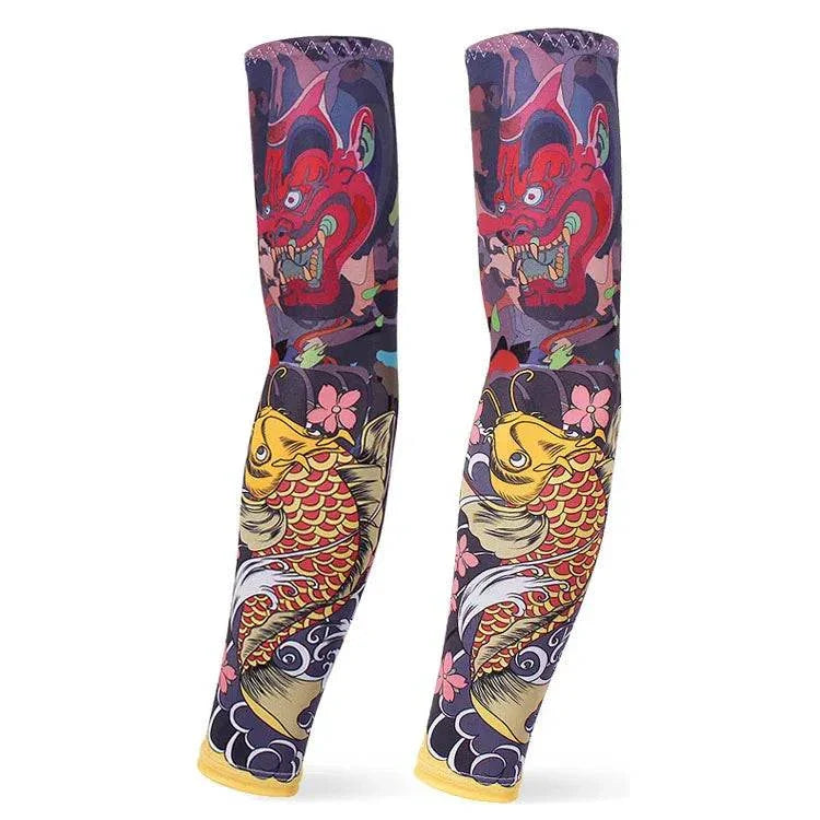 Pair of colorful outdoor arm sleeves with artistic koi fish and demon mask tattoo cover designs for UV protection and sports use