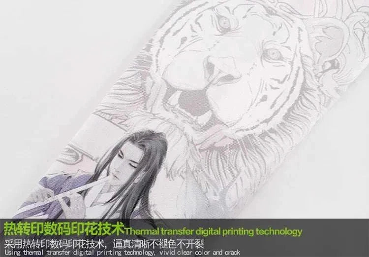 White outdoor arm sleeve with detailed tiger and warrior design, made using thermal transfer digital printing technology for vibrant and durable tattoo cover and sun protection.