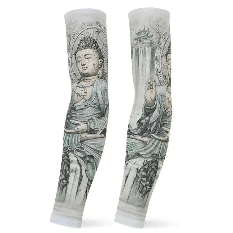 Gray tattoo cover outdoor arm sleeves with Buddha design and breathable compression fabric