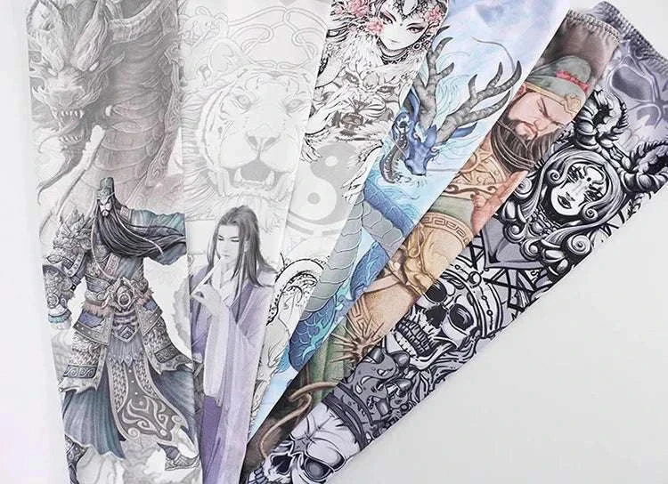 Colorful outdoor arm sleeves featuring detailed tattoo cover designs for sun protection and muscle support during sports and outdoor activities