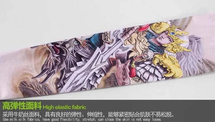 Outdoor Arm Sleeves with high elastic fabric featuring detailed warrior and dragon tattoo design, providing UV protection, compression, and breathable comfort for sports and outdoor activities.