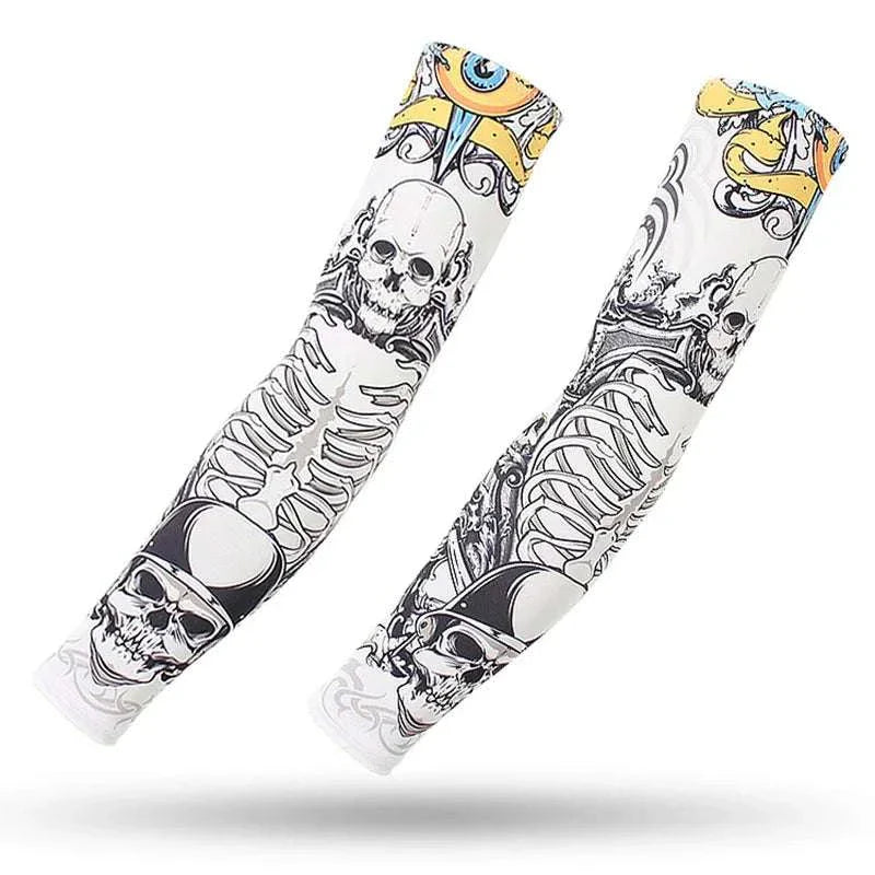 Pair of outdoor arm sleeves with skull and skeleton tattoo cover design for UV protection and muscle support