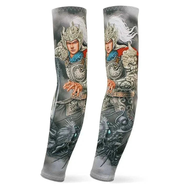 Outdoor arm sleeves with detailed warrior and dragon tattoo design, lightweight and breathable protective sleeves for sports and sun protection