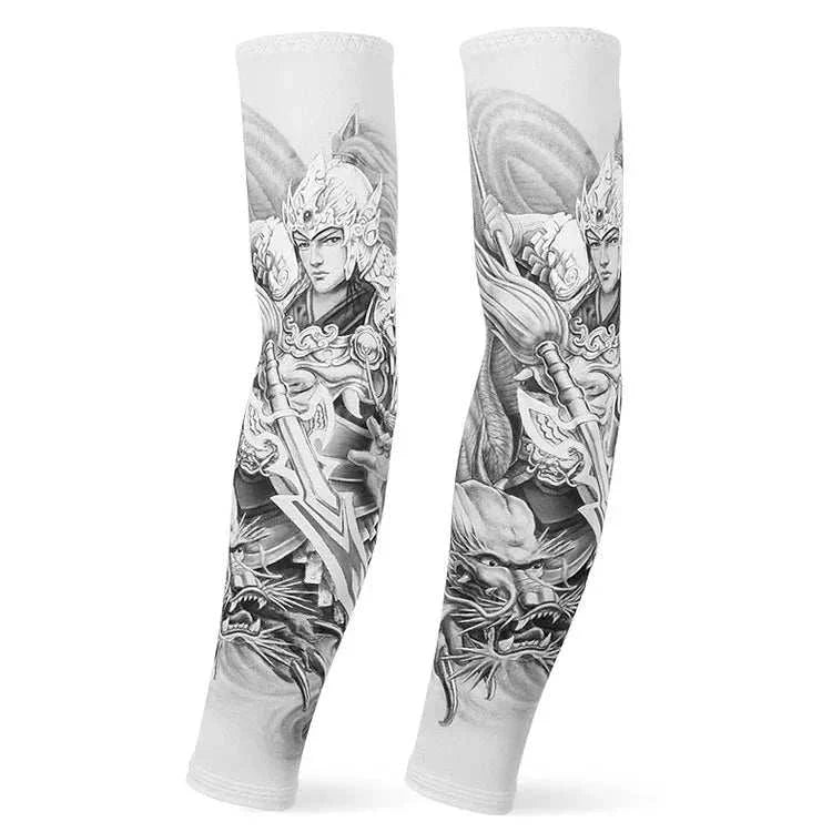 Pair of white outdoor arm sleeves with detailed black and gray warrior and dragon tattoo designs, offering UV protection and compression for sports and outdoor activities.