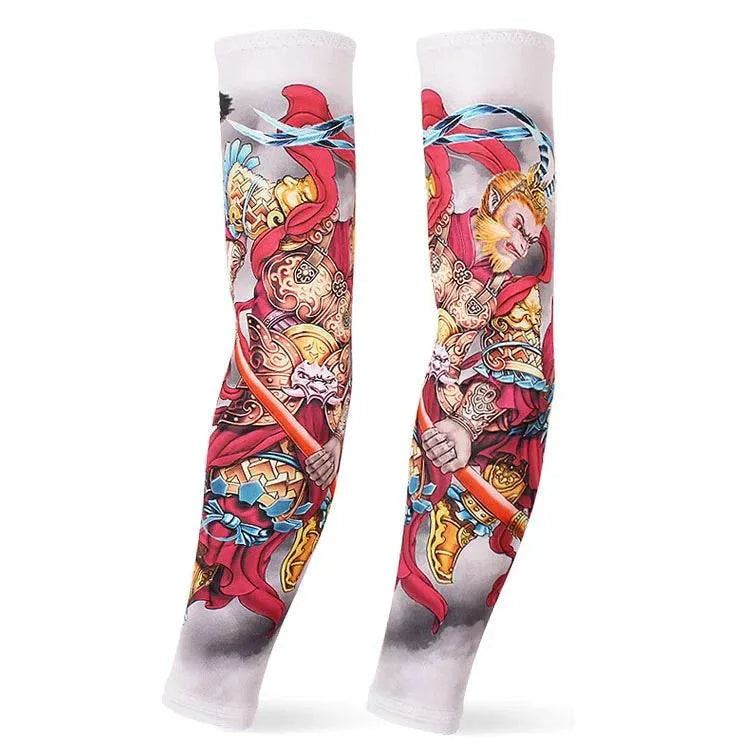Pair of colorful outdoor arm sleeves with detailed warrior and monkey tattoo designs, offering UV protection and compression for sports and tattoo cover.
