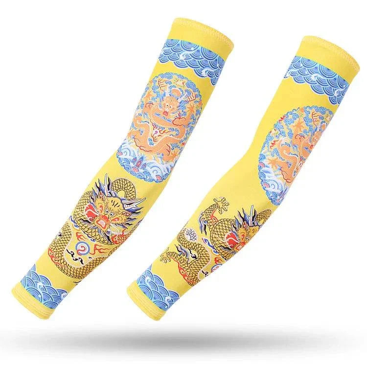 Yellow outdoor arm sleeves with colorful dragon and wave designs, providing UV protection, compression, and breathable comfort for sports and tattoo cover.