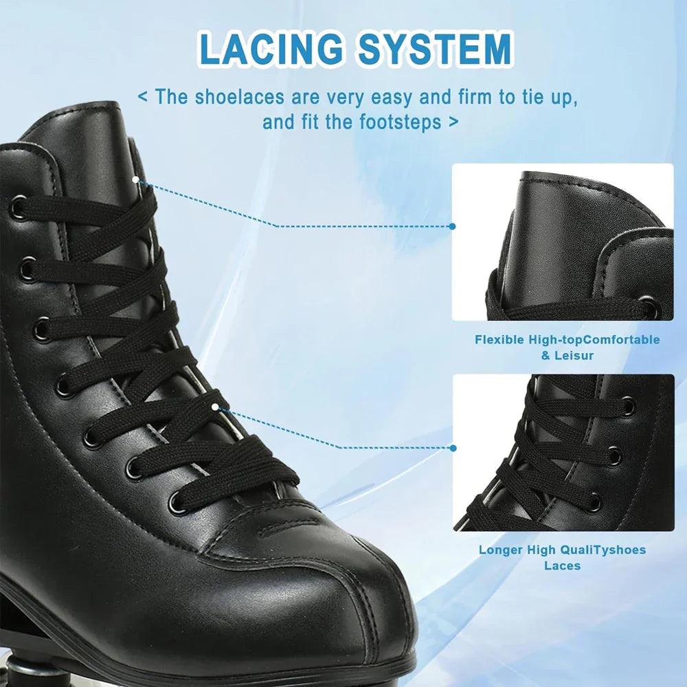 PU leather black high-top flash roller skate with lace-up closure and detailed lacing system close-up