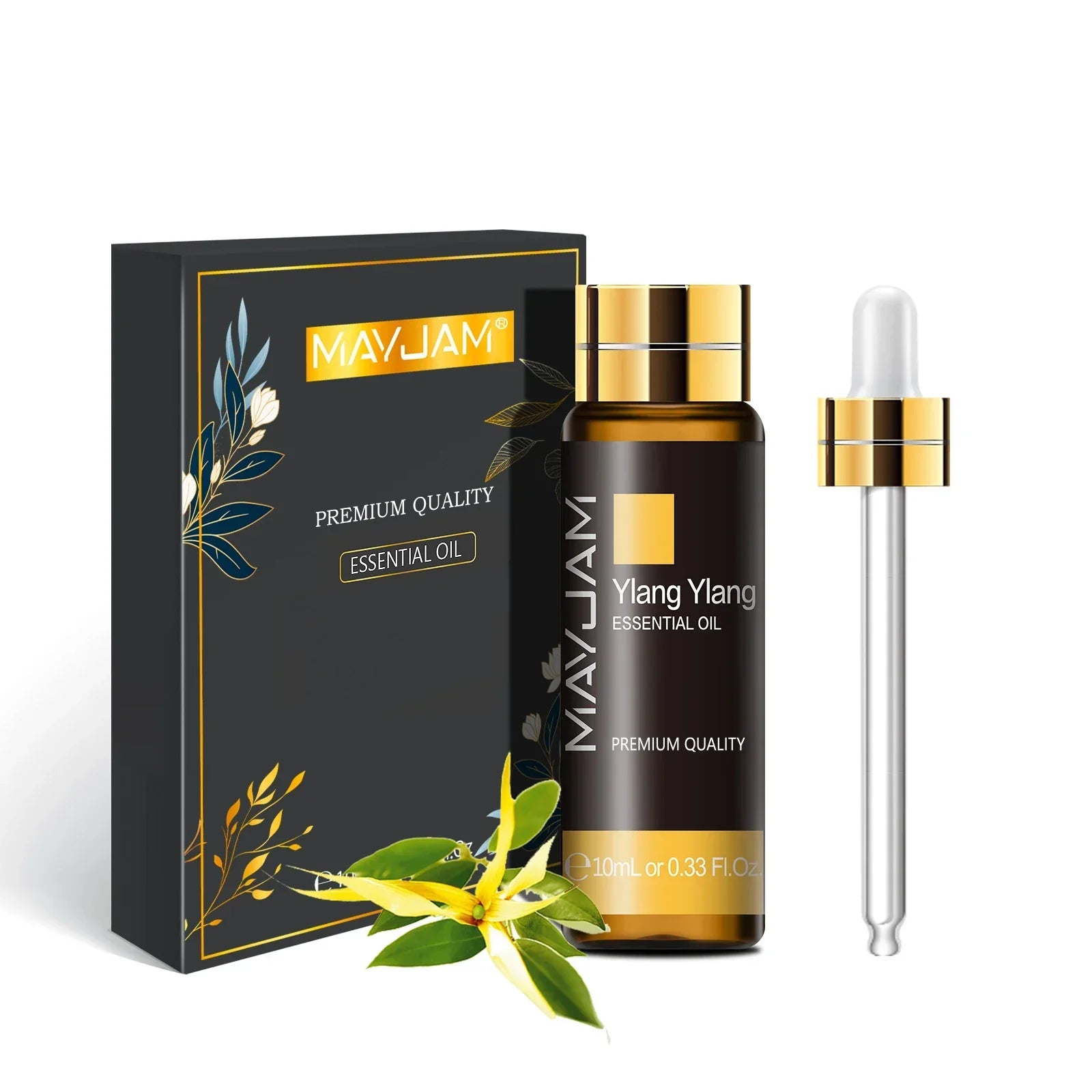 MAYJAM Essential Oil Ylang Ylang 10ml bottle with dropper and black packaging with floral design.