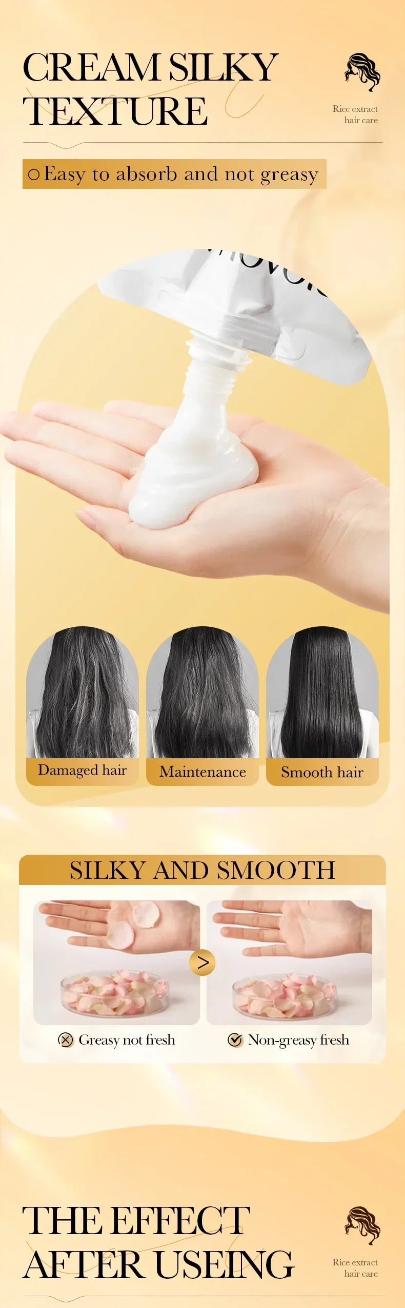 Magical Keratin Hair Mask creamy texture for repairing damaged, frizzy hair with rice extract and keratin, smooth and shiny results.