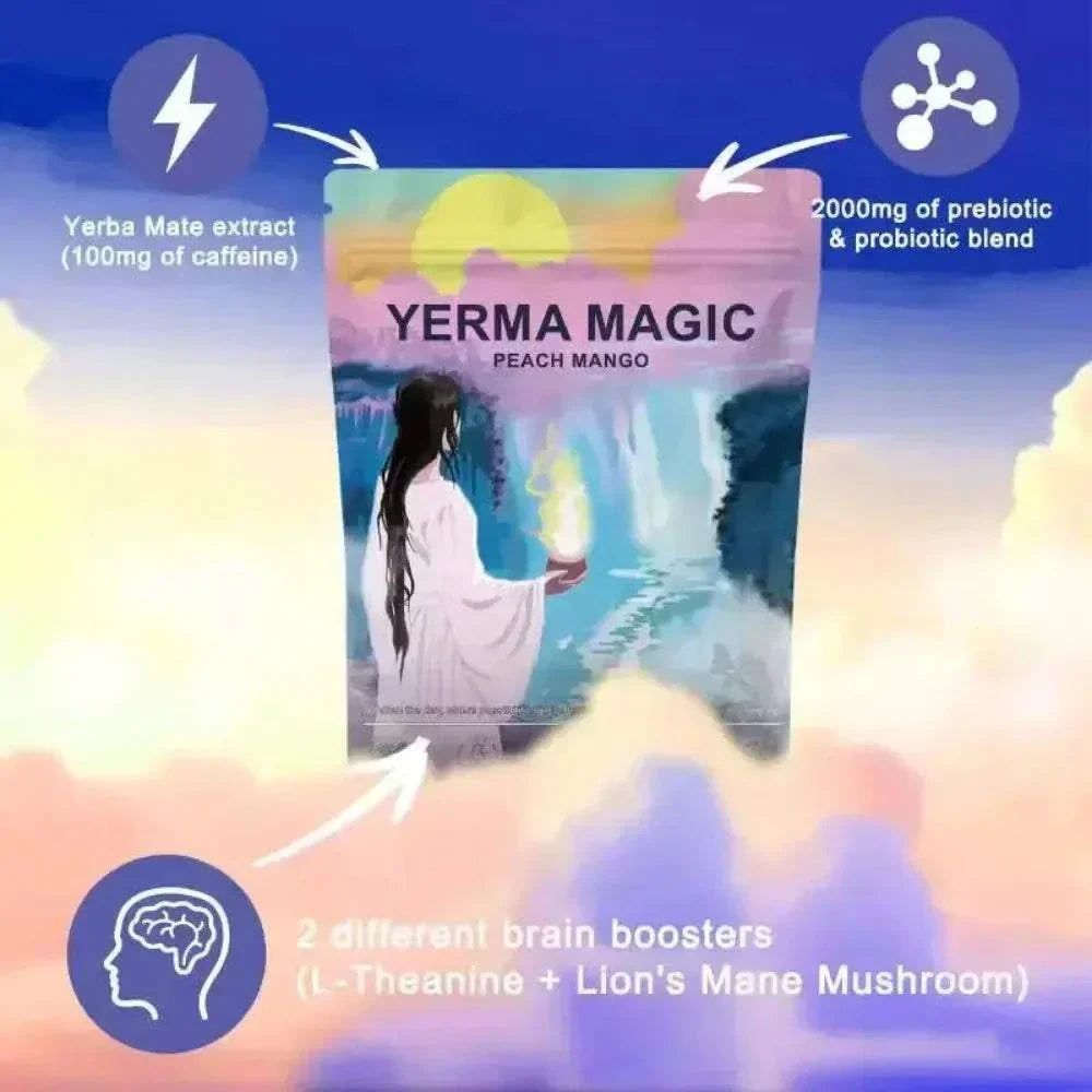 YERMA MAGIC Instant Yerba Mate Powder Peach Mango flavor with yerba mate extract, prebiotic and probiotic blend, and brain boosters L-Theanine and Lion's Mane Mushroom