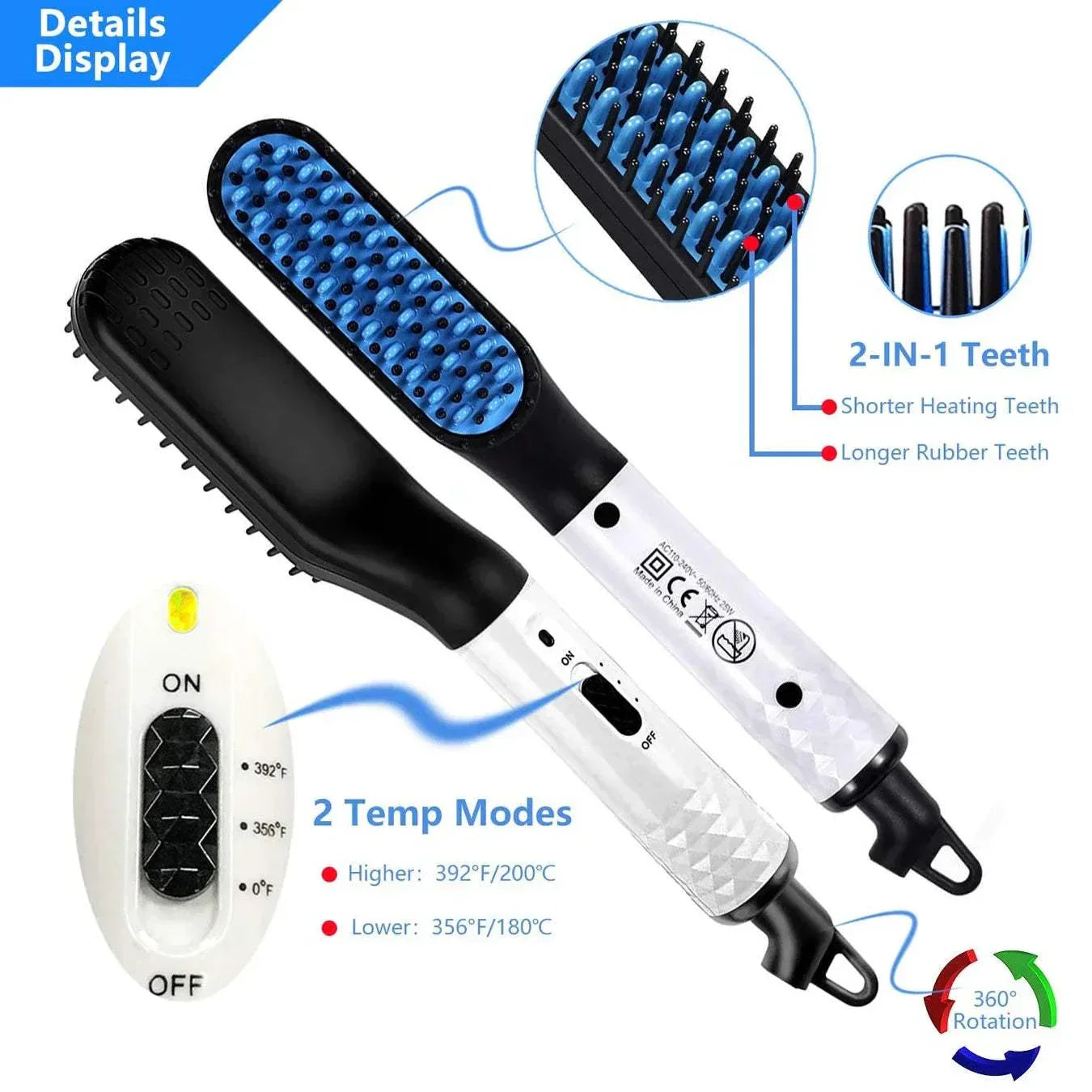 Man Hair Comb Brush Beard Straightener with 2-in-1 teeth, dual temperature modes, and 360° rotation for styling hair and beard.