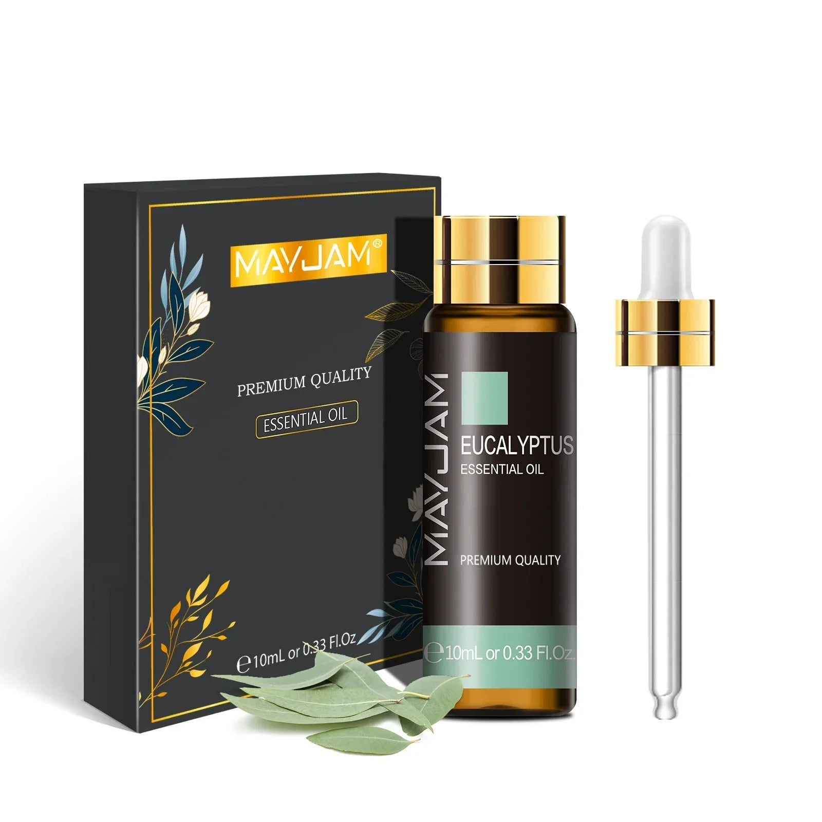 MAYJAM Essential Oil eucalyptus 10ml bottle with dropper and black packaging with gold accents and eucalyptus leaves