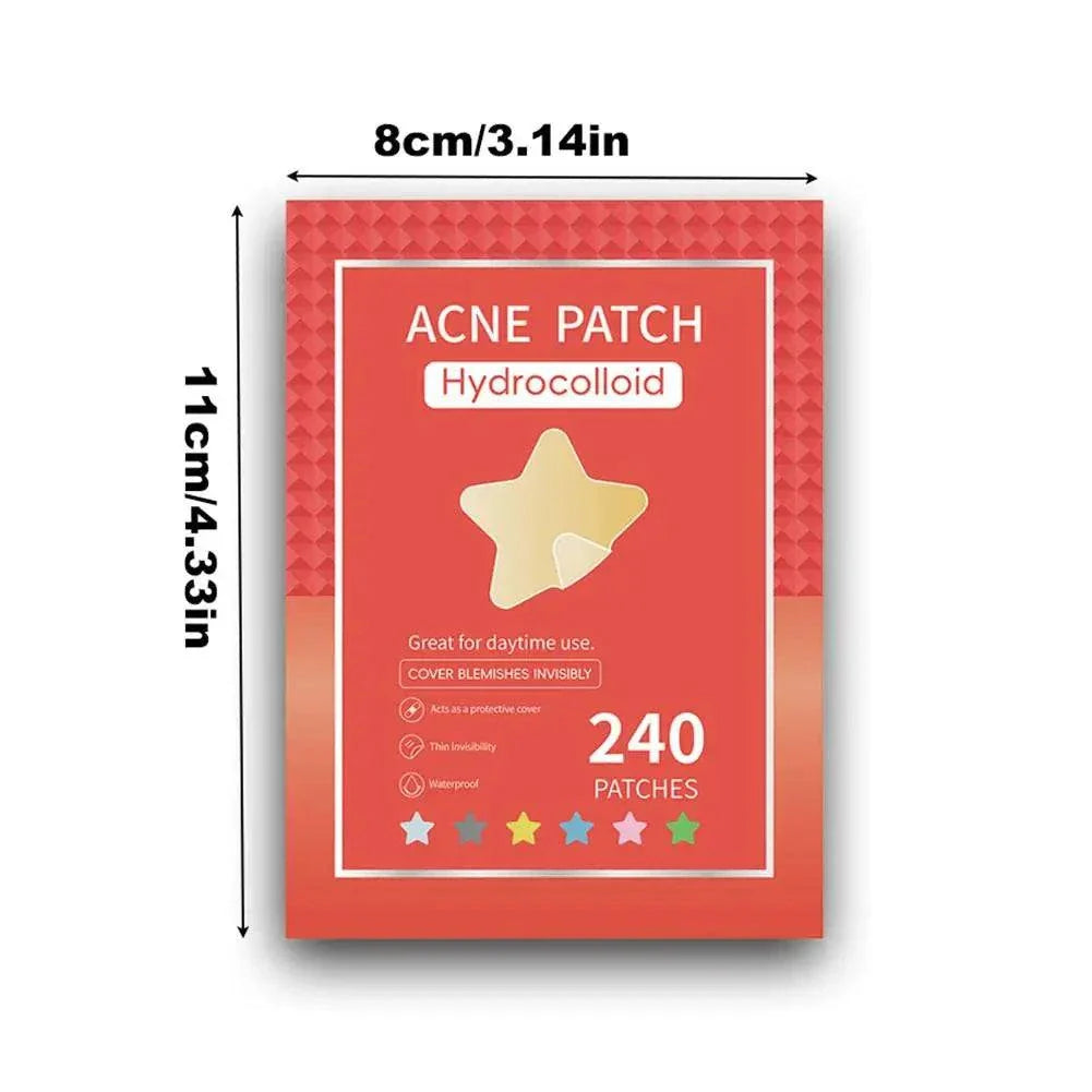 Package of 240 colorful star-shaped hydrocolloid acne patches measuring 8cm by 11cm designed for daytime use, invisible cover, thin, waterproof, and breathable.