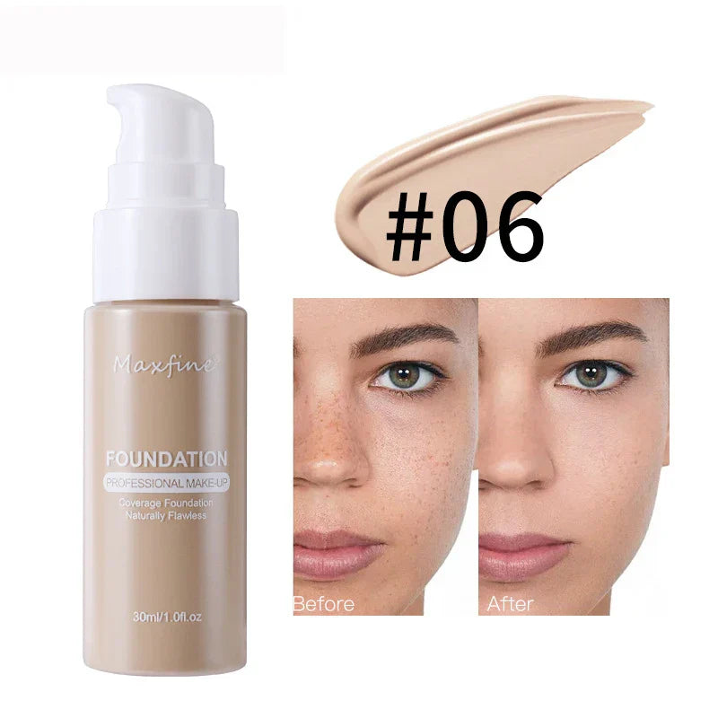 Liquid Foundation & Concealer bottle with shade #06 and before and after face showing flawless, even skin tone coverage.