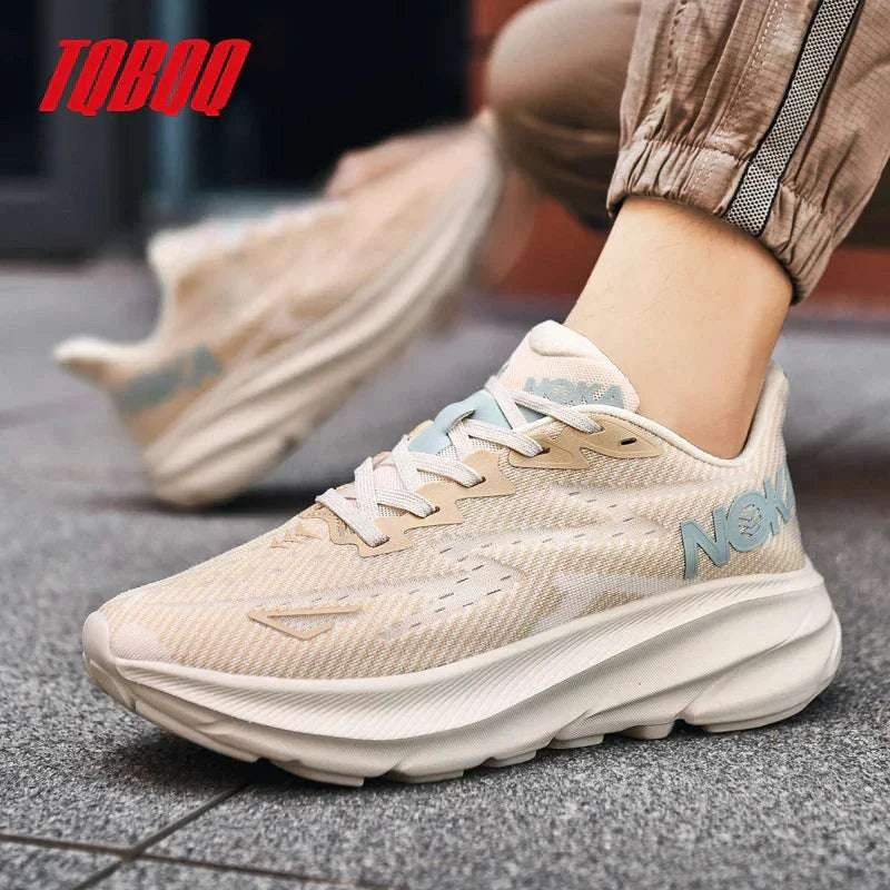 Unisex beige carbon plate air cushion running shoes with breathable mesh and durable rubber outsole for enhanced speed and comfort