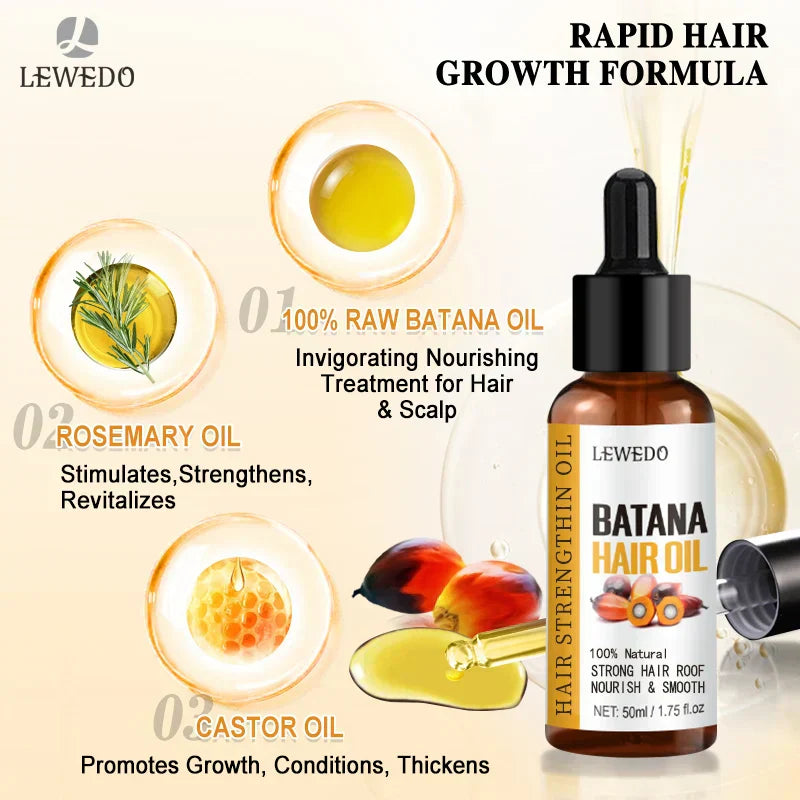 Lewedo Naturals Batana Oil bottle with ingredients rosemary oil and castor oil for rapid hair growth and scalp nourishment