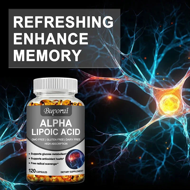 Bottle of Alpha Lipoic Acid 600mg capsules with nerve cells background promoting antioxidant and memory support
