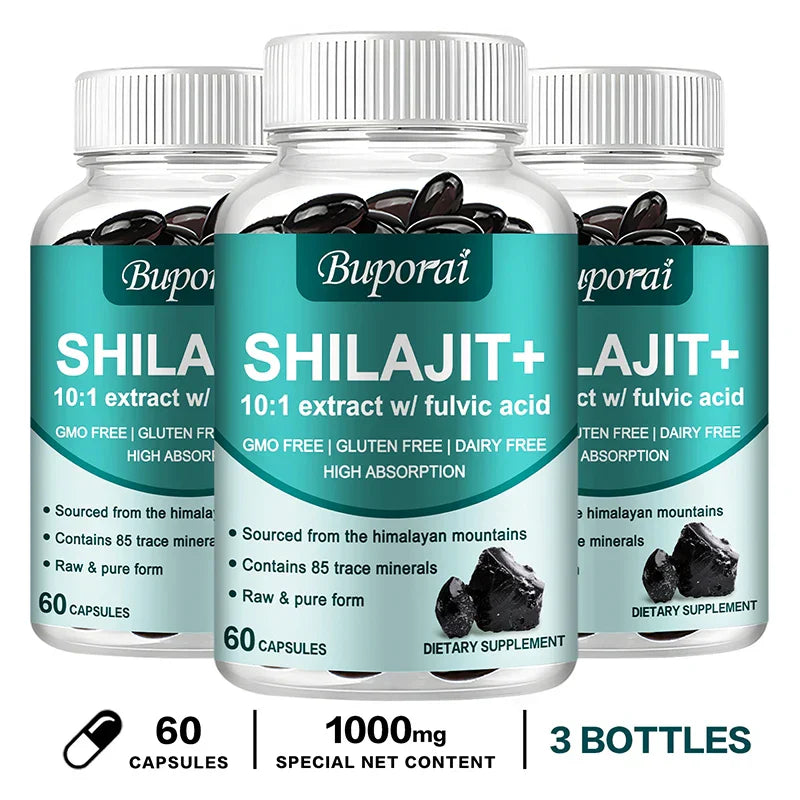 Three bottles of Buporai Shilajit+ dietary supplement with 60 capsules each, featuring 10:1 extract with fulvic acid, sourced from the Himalayan mountains, gluten-free, non-GMO, and high absorption formula.