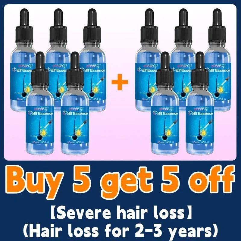 Set of ten blue dropper bottles of hair growth treatment with buy 5 get 5 free offer for severe hair loss.
