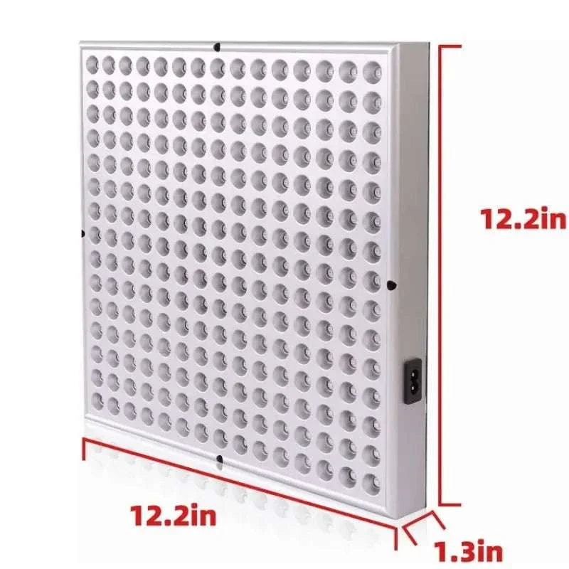 45W LED red light therapy panel with 225 LEDs for skin care, anti-aging, and pain relief, measuring 12.2 by 12.2 inches and 1.3 inches thick.