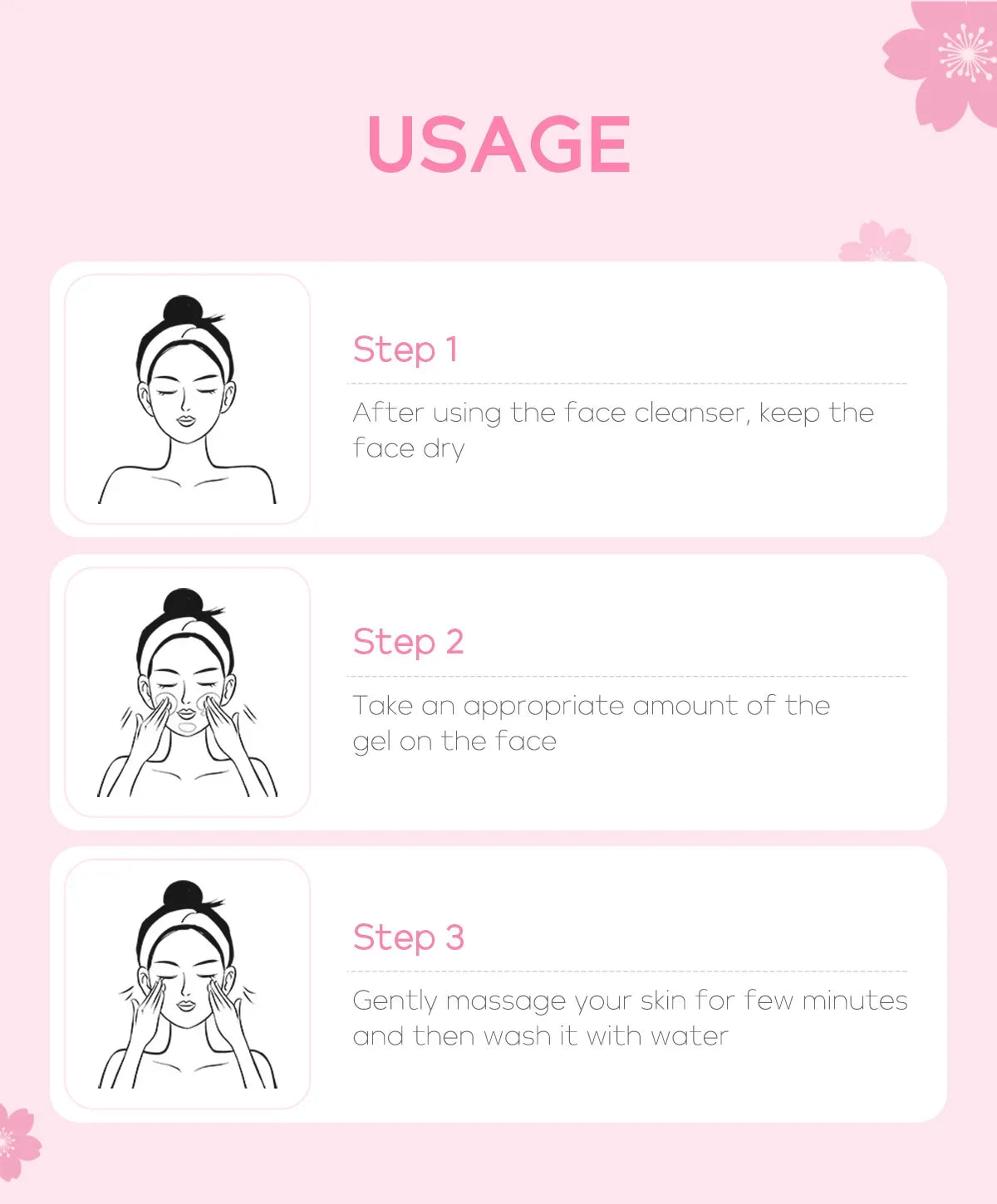 Step-by-step usage instructions for LAIKOU Face Gel with illustrations on applying and massaging the gel on the face.
