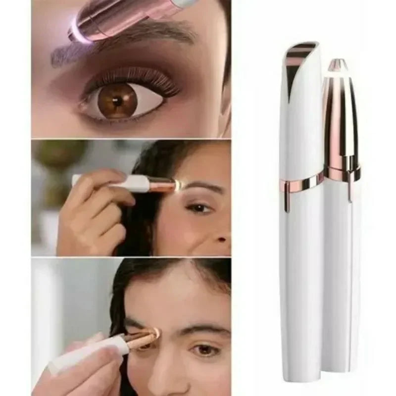Electric eyebrow and facial hair trimmer with precision head and portable design for painless grooming and USB recharge.