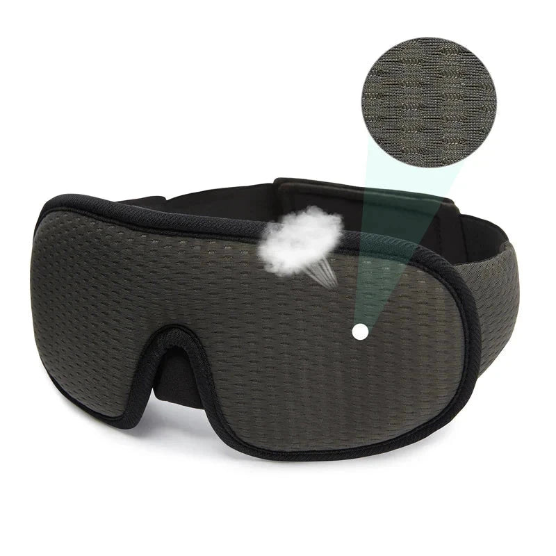 3D Sleeping Mask in breathable fabric for total light blockout and comfortable fit during travel and sleep