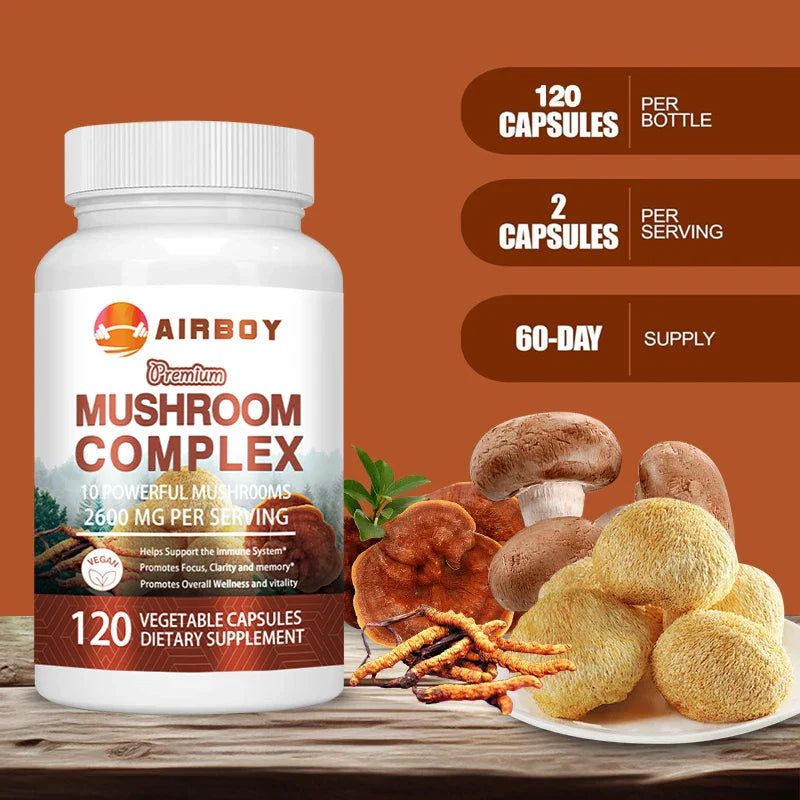 Mushroom Complex Capsules bottle with 120 vegetable capsules and various mushrooms on wooden surface, highlighting brain support and energy boost benefits.