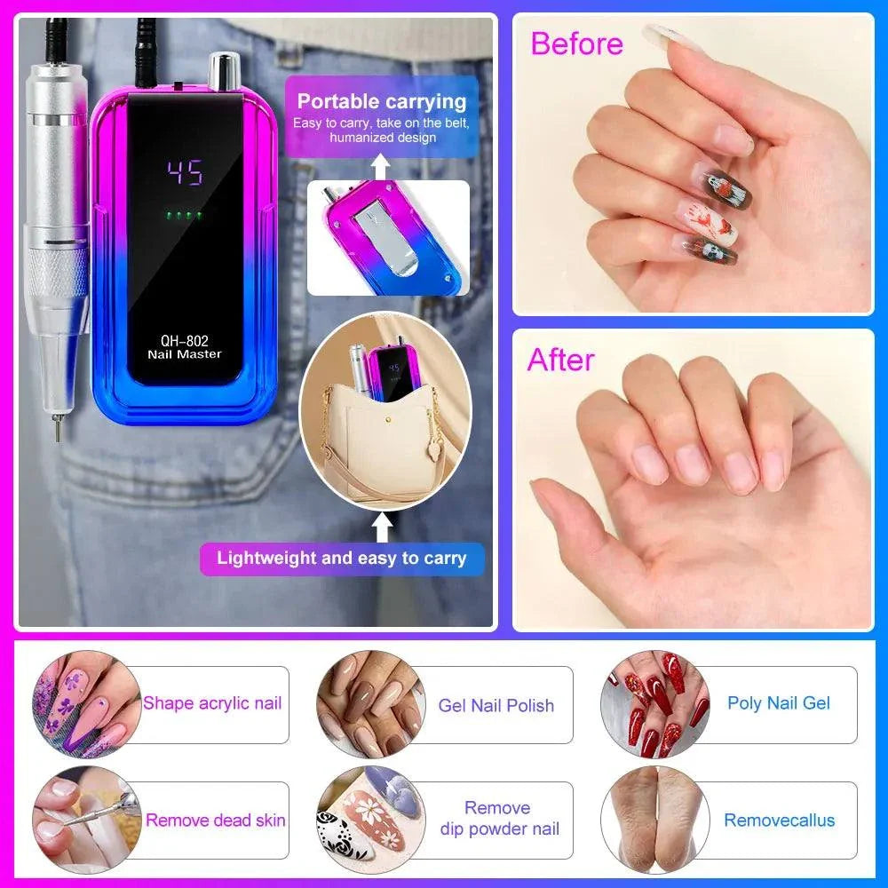 Rechargeable nail drill machine with 45,000RPM, laser gradient design, cordless, USB charging, and multiple nail care functions.