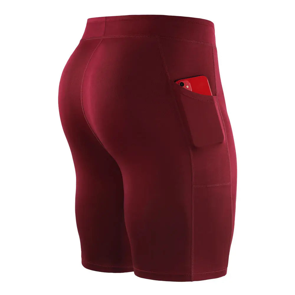 Mens outdoor running shorts with breathable fabric and side pocket in maroon color