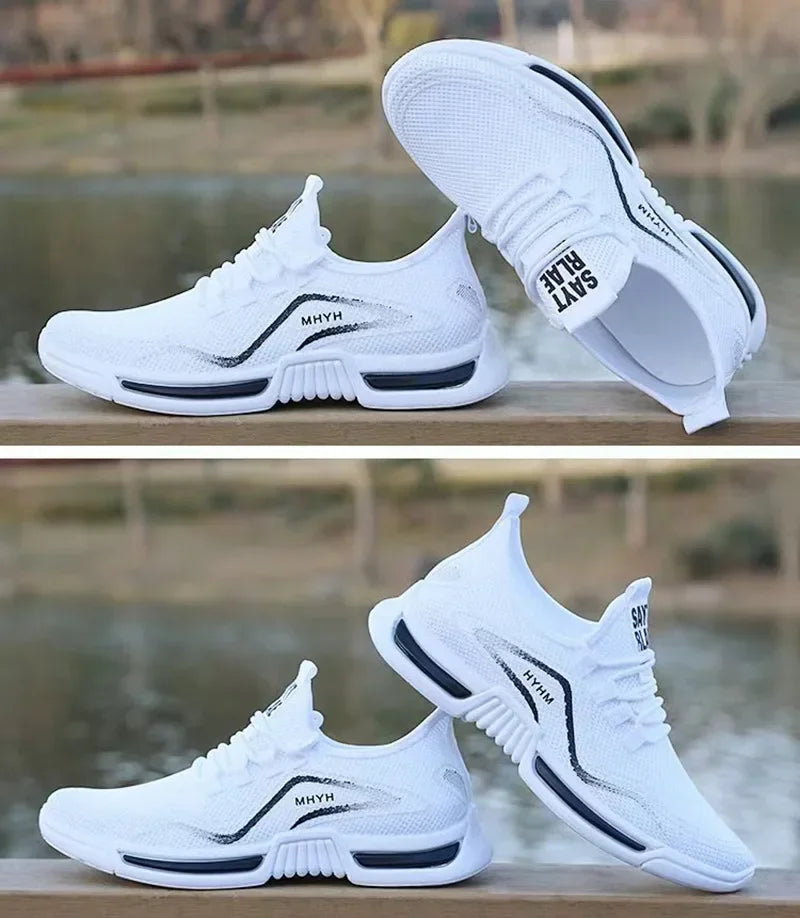 White men's slip-on shoes with breathable mesh upper and lightweight sole for running and casual wear