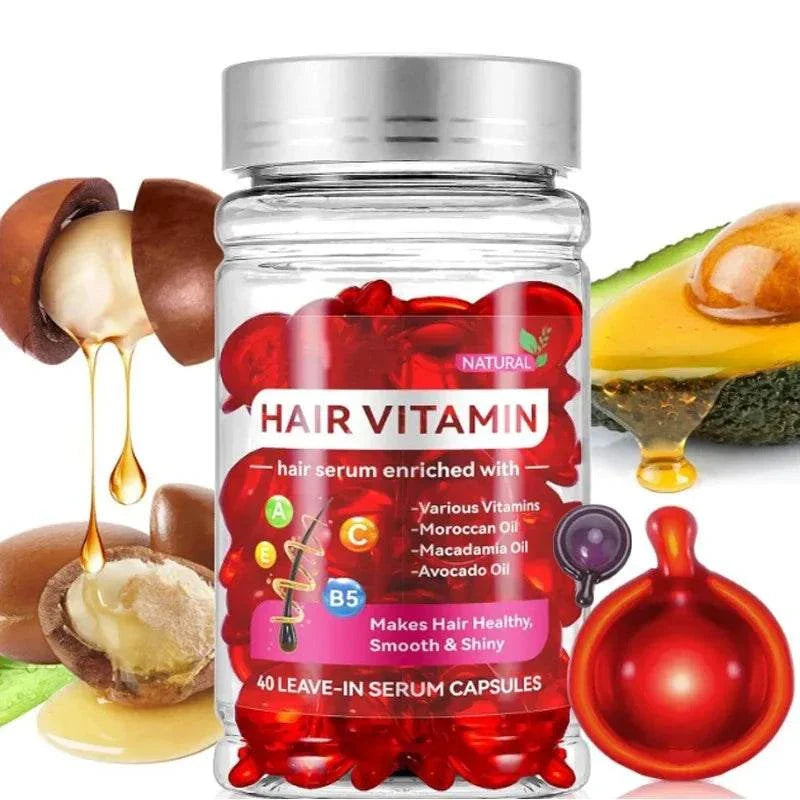 Bottle of Moroccan Agam Vitamin Oil hair serum capsules with argan, macadamia, and avocado oil ingredients for healthy, smooth, and shiny hair