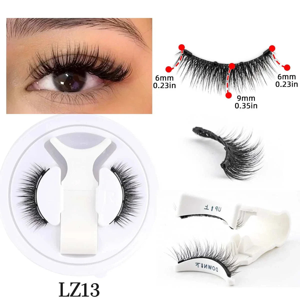 Close-up of hot magnetic eyelashes set with magnetic tweezers and lash length details, showing natural yet bold volume and curl.