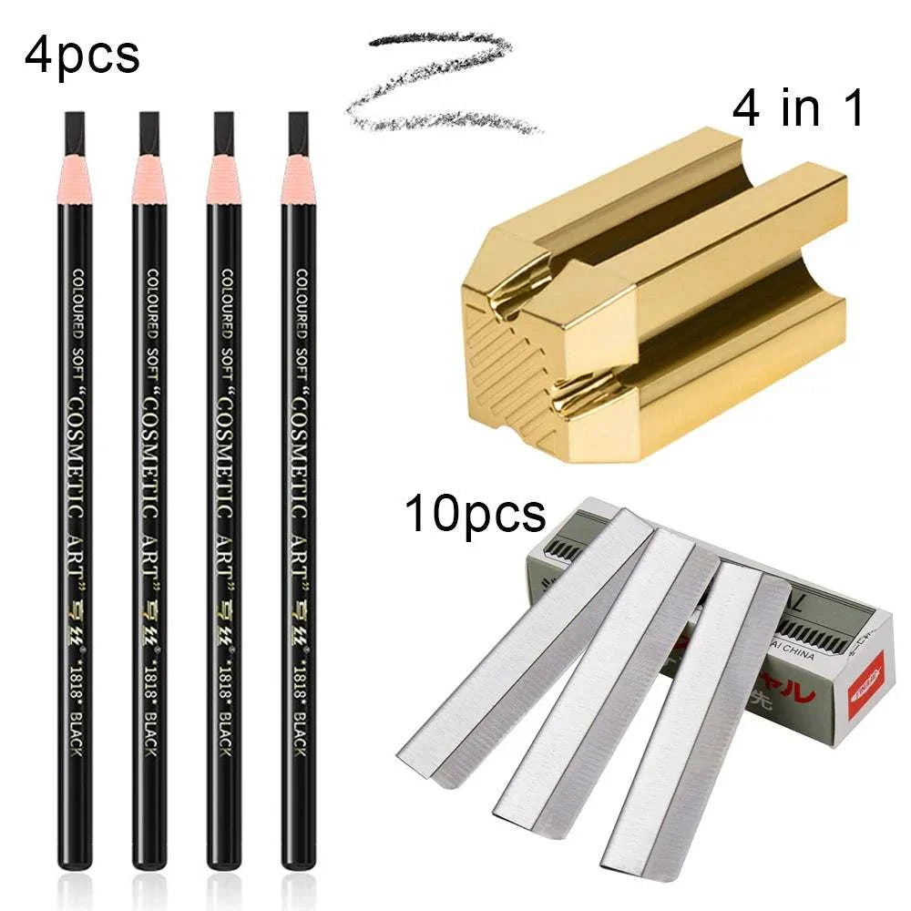 Eyebrow pencil and trimmer set with 4 black pencils, sharpener, and 10 precision trimmer blades for brow grooming and shaping.
