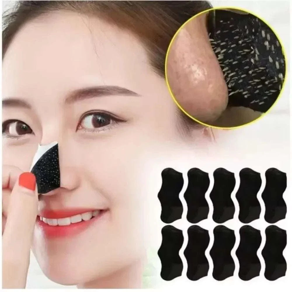 Woman applying bamboo charcoal nasal strip for blackhead removal with close-up of pore cleansing and multiple strips displayed