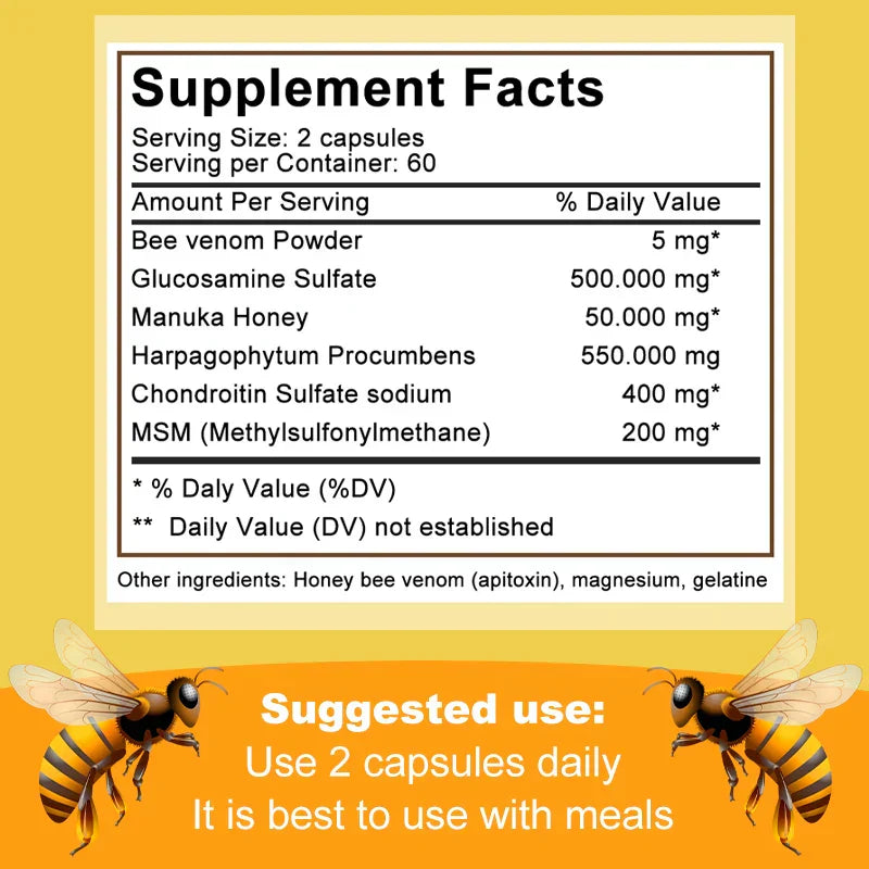 Supplement facts for Natural Bee Capsules showing bee venom powder, glucosamine sulfate, manuka honey, harpagophytum procumbens, chondroitin sulfate sodium, and MSM with suggested use instructions.