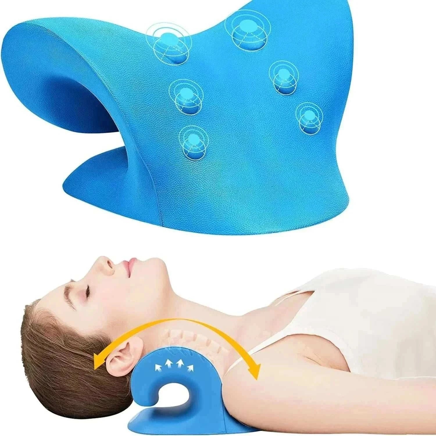 Blue ergonomic cervical chiropractic traction device for neck and shoulder pain relief and posture support with a woman using it for neck stretch.